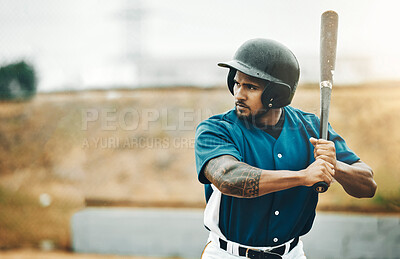 Buy stock photo Baseball player, training and bat for fitness workout on outdoor sports field. Serious athlete batter man, professional athlete and softball pitch for health and wellness exercise for baseball game
