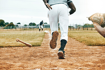 Buy stock photo Baseball, sports game and man running in match competition for victory win, exercise or fitness training back view. Athlete motivation, pitch and fast runner doing energy workout on softball field 