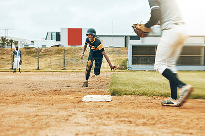 Buy stock photo Baseball, player and running on field for plate in game, match or contest. Baseball player, team and pitch for sports, exercise and wellness in competition, tournament or event for sport outdoor