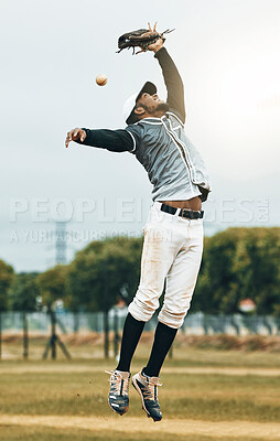 Buy stock photo Baseball, sport and person fielder jump on an outdoor sports field during sport game or match. Fitness, training motivation and cardio workout of an athlete man with focus ready to catch a fast ball