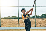 Baseball batter, baseball and man with bat on field at training, game or competition match. Sports, exercise and young male from India with baseball bat for fitness workout outdoors on grass field.
