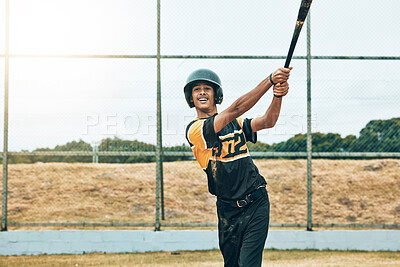 Buy stock photo Baseball batter, baseball and man with bat on field at training, game or competition match. Sports, exercise and young male from India with baseball bat for fitness workout outdoors on grass field.
