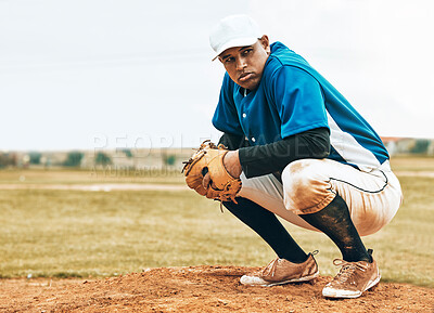 Buy stock photo Baseball field, man and sports athlete focus on game, competition or fitness exercise for health, workout or training. Motivation, match cardio and pitcher ready for start, wellness or practice match