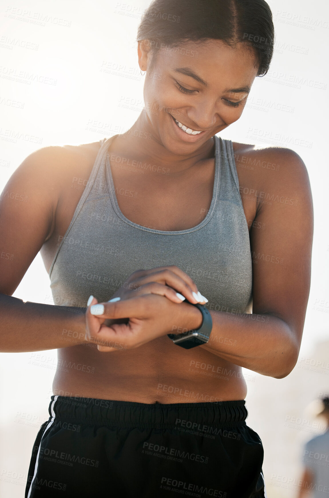 Buy stock photo Fitness, smartwatch and training with black woman in outdoor for running, health and sports workout. Exercise, energy and time with girl and technology for lifestyle, wellness and performance monitor