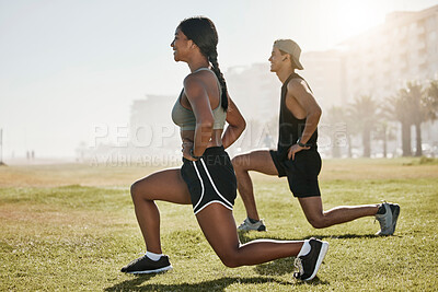 Buy stock photo Fitness couple, outdoor lunge exercise and training workout on grass field in urban city. Happy woman, healthy man and people friends leg stretching body in wellness, summer challenge and motivation