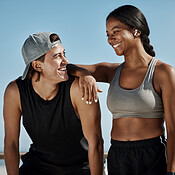 Fitness, couple and man and black woman with smile go exercise or
