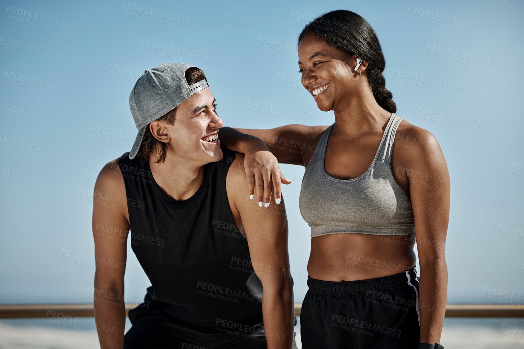 Buy stock photo Fitness, couple and man and black woman with smile go exercise or running. Strong and happy couple workout and run together. Wellness, sports and health, runner and personal trainer workout in park