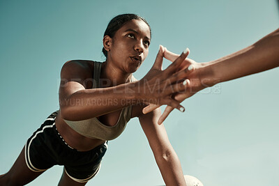 Buy stock photo Teamwork, fitness and high five doing exercise in city, holding hands with workout partner. Health, support and black woman exercising with friend. Training, motivation and collaboration in sports