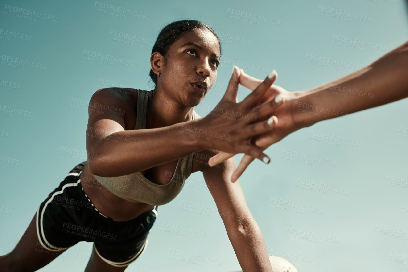 Buy stock photo Teamwork, fitness and high five doing exercise in city, holding hands with workout partner. Health, support and black woman exercising with friend. Training, motivation and collaboration in sports