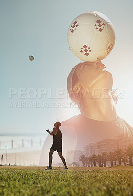 Soccer man, overlay and balance a ball, play and training for a game on a grass field outdoor. Football, fitness and exercise with an athlete playing sports with double exposure of healthy young male