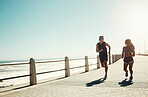 Fitness, couple and running for exercise, workout and training for cardio in South Africa outdoors. Active man and woman in sports run by the ocean in sea point for healthy exercising in nature