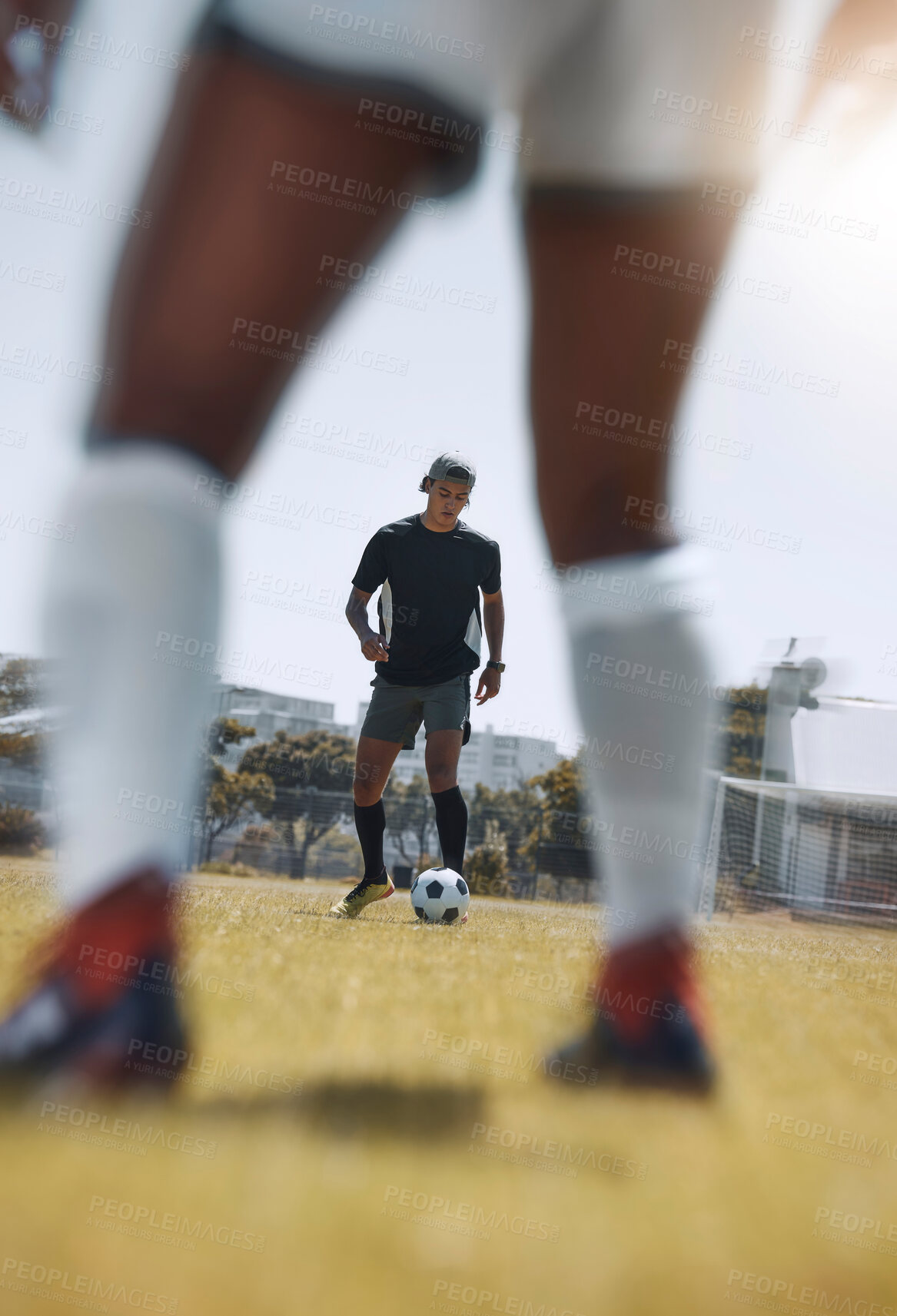 Buy stock photo Soccer, sports man and team legs in game training on field while, running, passing and kick ball outdoors. Cardio health, active fitness and fast soccer player in football workout on sport pitch