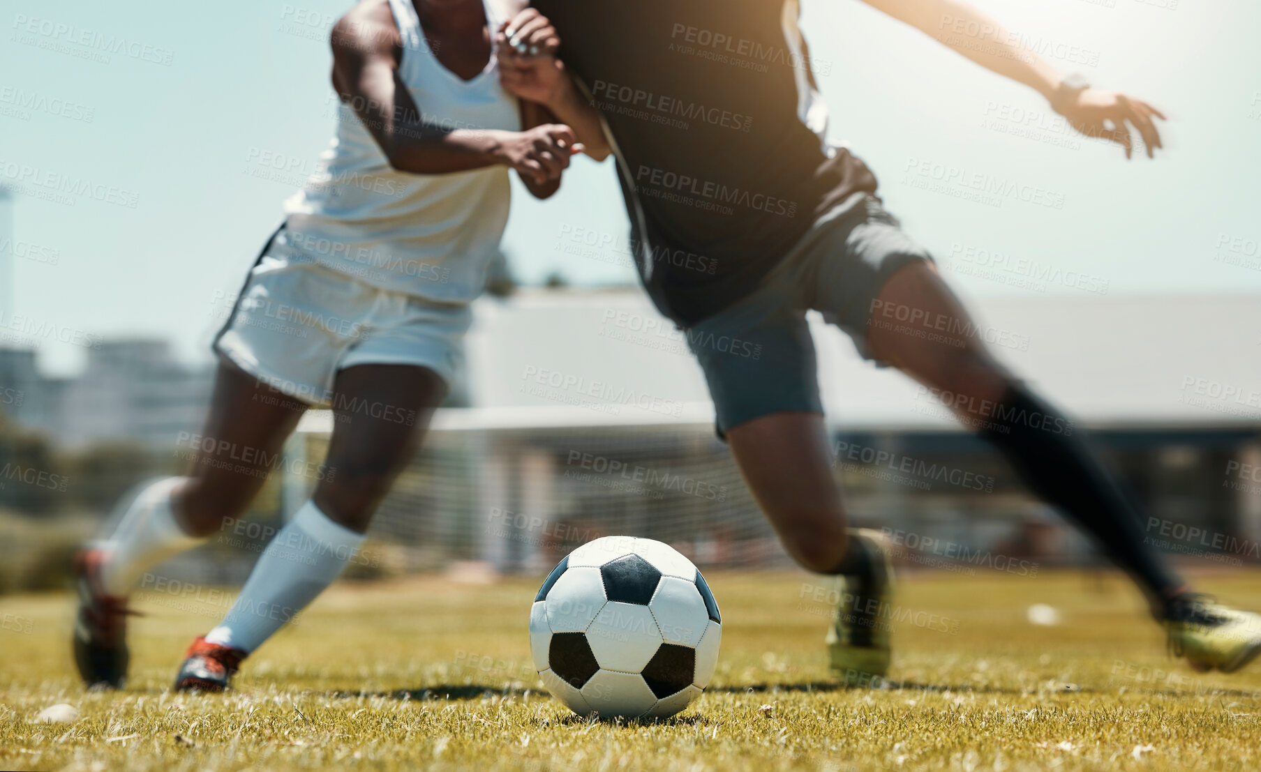 Buy stock photo Football, sports and team legs in game on a field while passing, touching and running with a ball. Active, fast and skilled soccer players in a competitive game with workout on a sport pitch outdoors