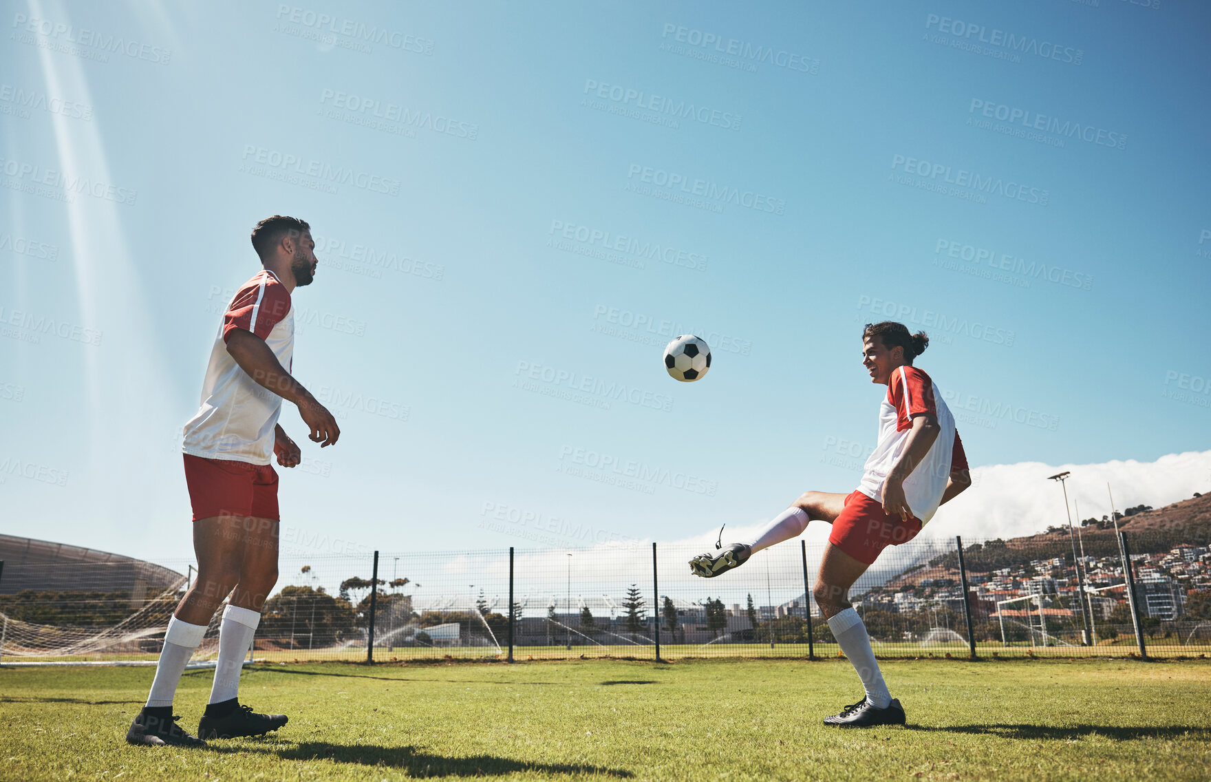 Buy stock photo Soccer drill, kick and football workout with people ready for fitness, training and exercise on a field. Sports game, athlete men and fast energy of healthy, strong and cardio motivation exercising