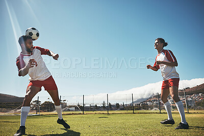 Buy stock photo Sports, summer and soccer ball on head on field during game or training exercise. Health, fitness and ball header, teamwork at football competition and players on grass together for performance match