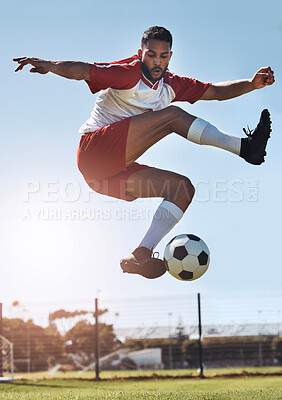 Buy stock photo Soccer kick trick, football and man athlete from Israel on a sport field outdoor with motivation. Fitness, exercise and training workout of a person ready for a sports game, cardio and play energy