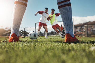 Buy stock photo Sports game, football field action and legs of soccer player in competition, fitness practice or cardio health workout. Competitive sport, exercise shoes and training man or athlete on grass pitch
