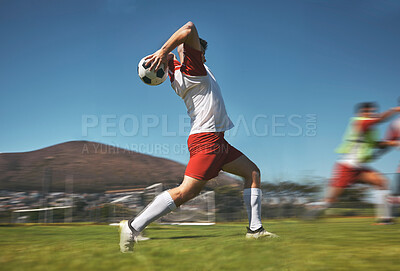 Buy stock photo Training, man and soccer ball throw on soccer field during game or competition outdoor. Sports, fitness and football player pitching ball during practice, exercise or workout session on grass field

