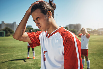 Buy stock photo Sport fail, soccer team loss and athlete angry about sports game results on a outdoor field. Football, soccer player and teamwork upset after exercise, workout and training for fitness and cardio 
