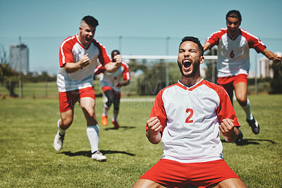 Buy stock photo Team, success and winner by soccer player celebration during game at soccer field, happy, cheering and victory. Sport, achievement and goal by football team running and celebrating football field win