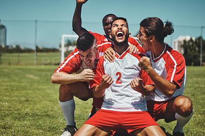 Buy stock photo Success, happy team or winner for soccer player celebration during match at soccer field, stadium or sport workout. Teamwork, achievement or friends for fitness goal, wellness or football exercise.