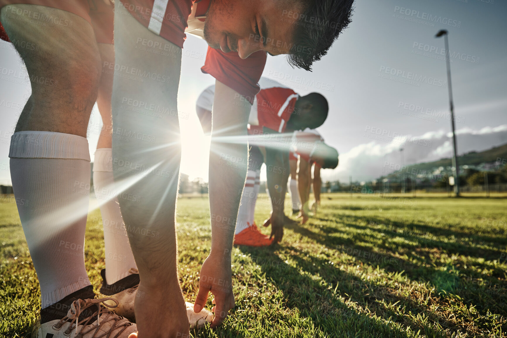 Buy stock photo Soccer, sports and team stretching on field before match, training and practice. Soccer players doing fitness, exercise and workout on grass, stretching, performance and ready to start football game