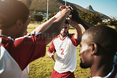 Buy stock photo Men, soccer and team hands in collaboration, support and trust before a match or competition. Diversity, community and football group with motivation, support and teamwork for sports game on a field