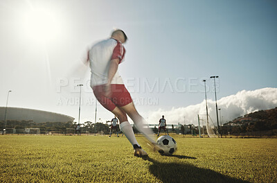 Buy stock photo Soccer, sports game and team training workout for South Africa football competition on sport field outdoors. Young athlete fitness players, healthy teamwork and goal score  practice with ball 
