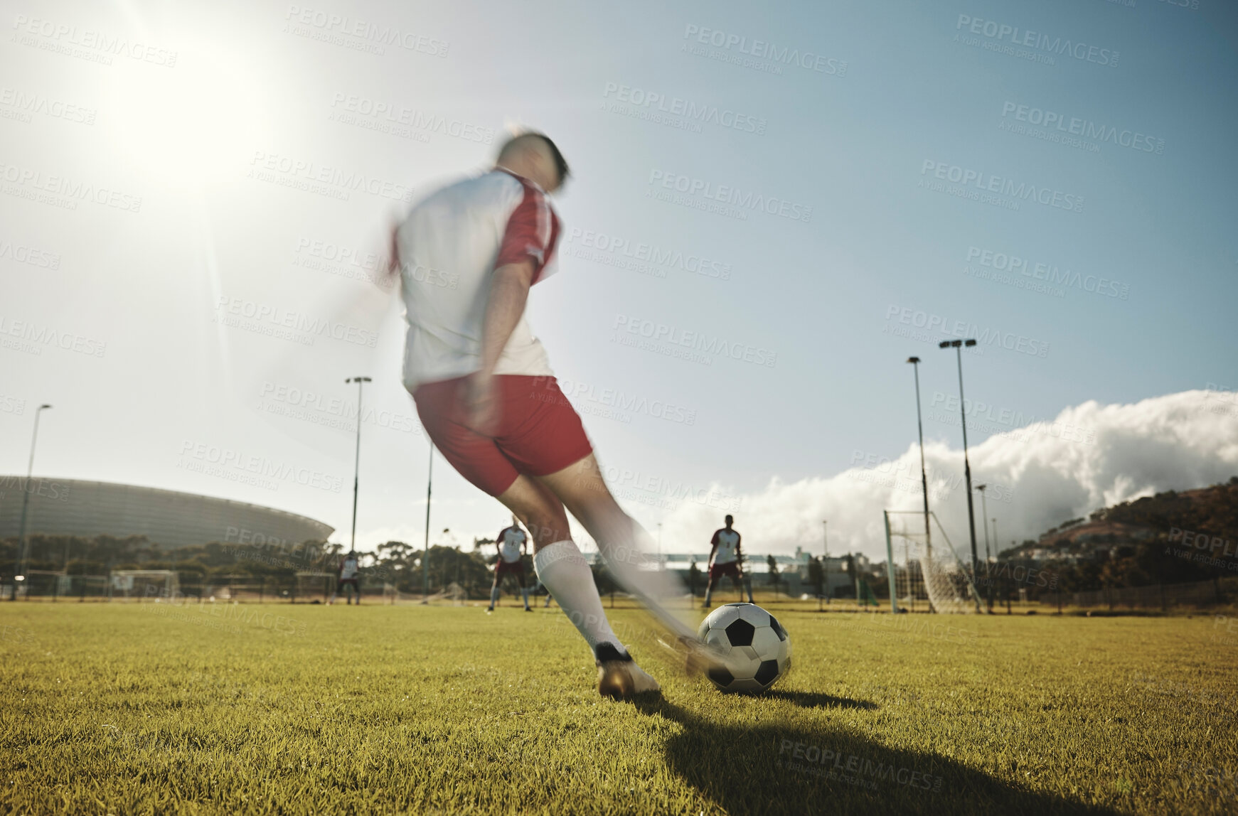 Buy stock photo Soccer, sports game and team training workout for South Africa football competition on sport field outdoors. Young athlete fitness players, healthy teamwork and goal score  practice with ball 