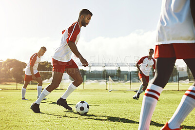 Buy stock photo Team sports game, soccer and teamwork of men busy with football collaboration and workout. Fitness, training and healthy exercise of a healthy athlete ground with fast energy running with a ball
