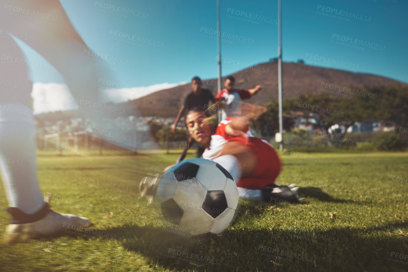 Buy stock photo Soccer, ball and slide challenge in game with men team on a grass field with sport man together. Football, fitness and sports people with strong, fast and competition during exercise or training 