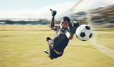 Buy stock photo Soccer, sports and goalkeeper with a man saving a shot, goal or score during a game on a grass pitch field. Fitness, football and training with a male athlete making a save during a practice session