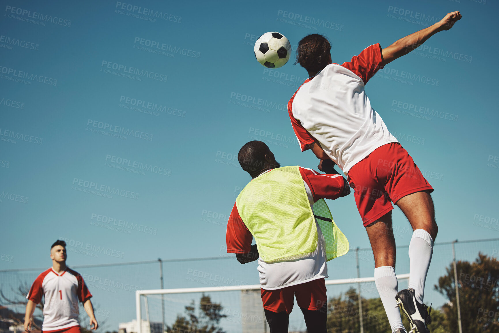 Buy stock photo Sports game fitness, soccer jump and athlete play competition for exercise, workout or training for body health. Rival, team and street football for practice, wellness and cardio with mockup blue sky