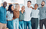 Business people smile with company success, growth and financial profit at a marketing and advertising office. Teamwork, support and collaboration with diversity, vision and team goal in a happy job