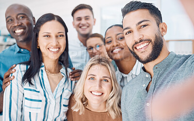 Buy stock photo Selfie, smile and employees working at a corporate company together in an office at work. Face portrait of happy, excited and business workers with a photo during professional collaboration as a team