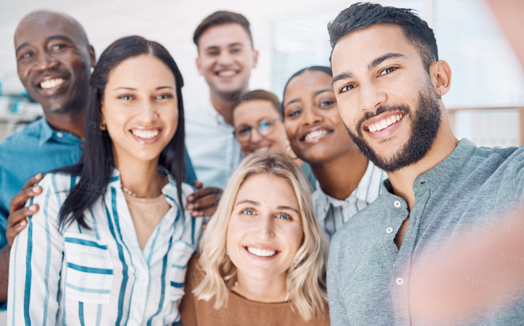 Buy stock photo Selfie, smile and employees working at a corporate company together in an office at work. Face portrait of happy, excited and business workers with a photo during professional collaboration as a team