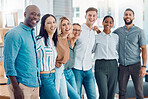 Corporate, happy and business people with smile while working together in an office at work. Portrait of diversity, motivation and comic employees in collaboration as a team at a marketing company