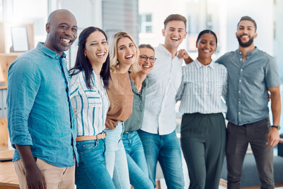 Buy stock photo Corporate, happy and business people with smile while working together in an office at work. Portrait of diversity, motivation and comic employees in collaboration as a team at a marketing company