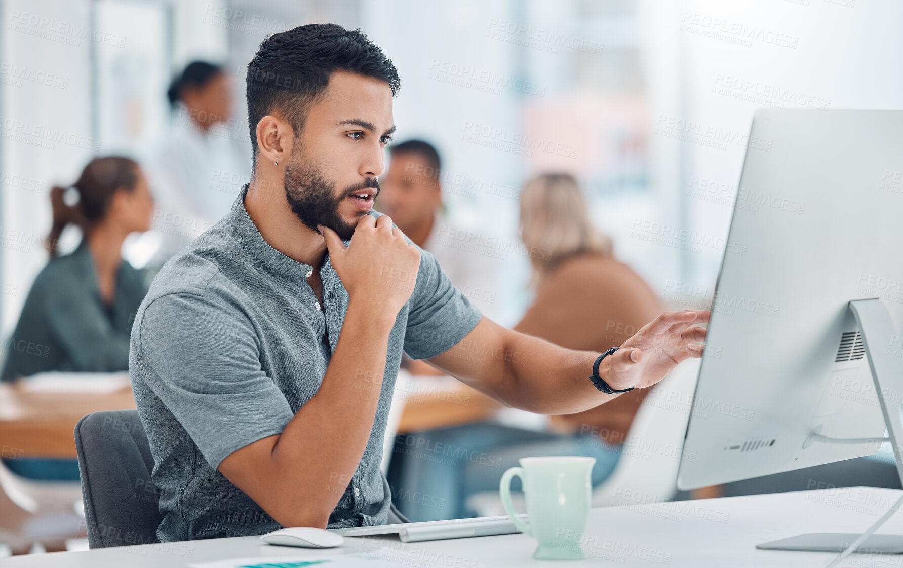 Buy stock photo Startup, office and man at desk with computer working on creative project for marketing or advertising business. Businessman, graphic designer or software developer working on digital transformation.