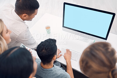 Buy stock photo Creative marketing, collaboration and teamwork on computer green screen mockup of advertising design agency employees. Startup business, staff brainstorm idea and online project UI or ux development 