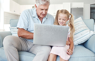 Buy stock photo Grandfather, girl and child with laptop on sofa for education, learning or gaming together on internet in home. Senior, man and kid on couch with computer for video, homeschool or fun in living room