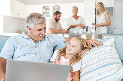 Buy stock photo Laptop, child and grandfather with comic video on the Internet and the living room sofa of their house. Girl with smile for subscription service on tech with funny movies and an elderly man 