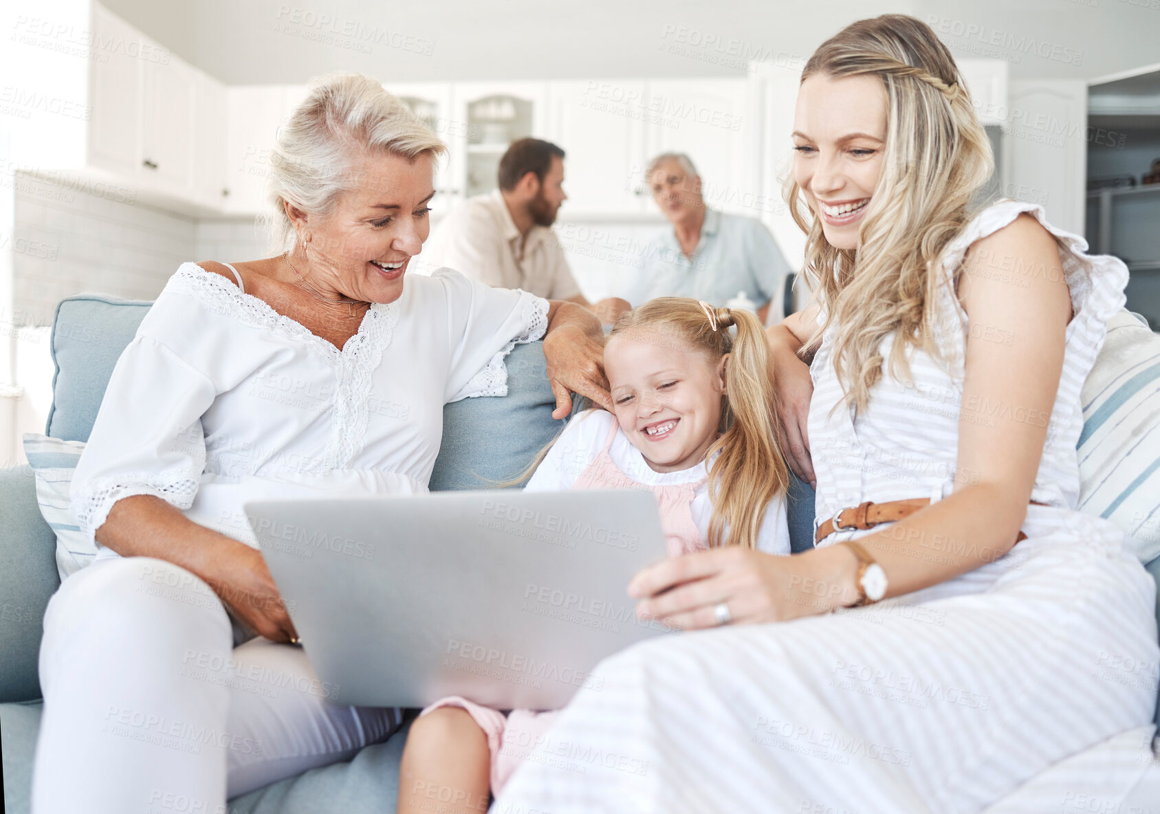 Buy stock photo Family relax in home, child on laptop with mother in living room or elearning technology in Australia. Senior grandmother bonding with girl, happy women together on sofa or video call online together