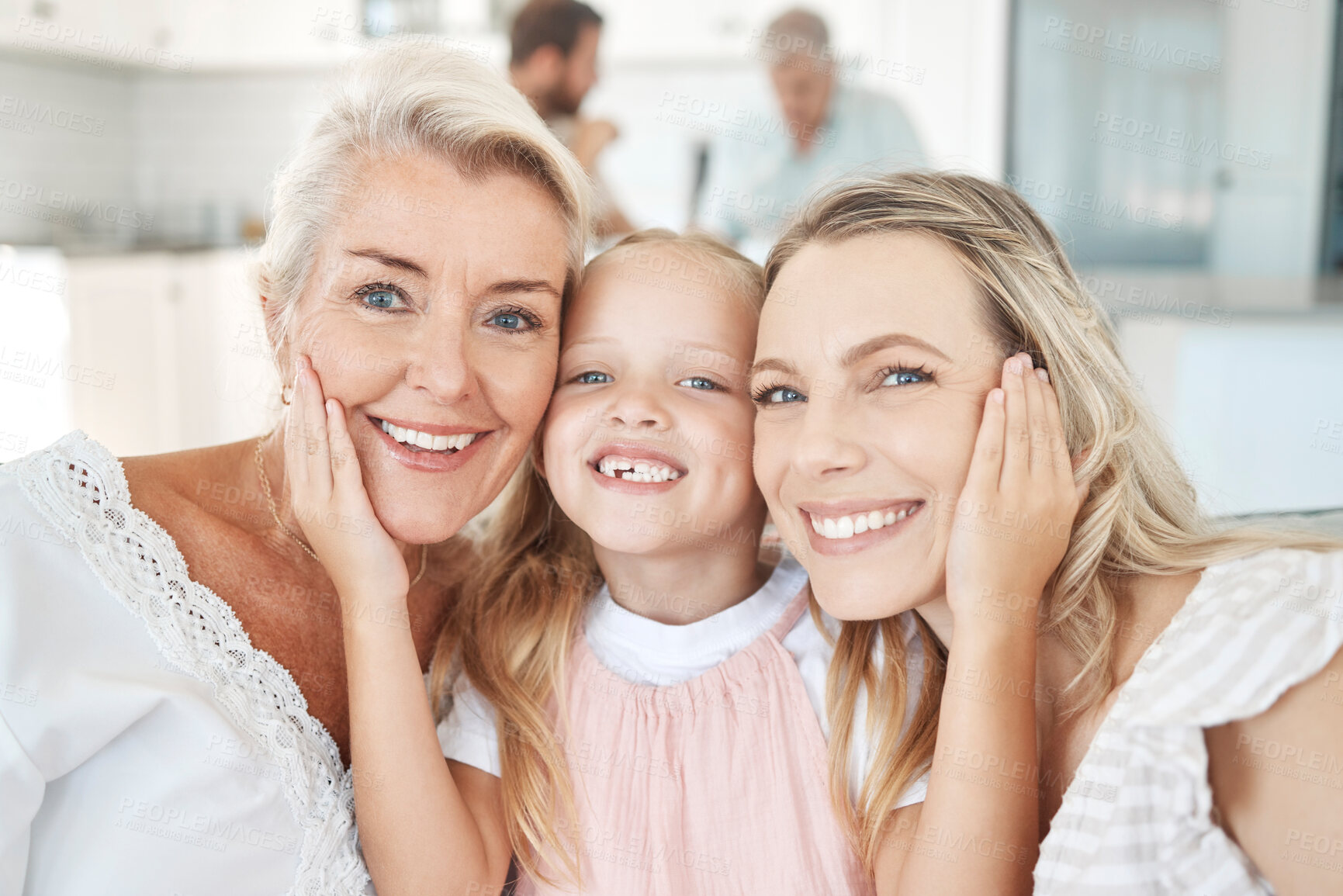 Buy stock photo Facial portrait of child, grandmother and mother bonding in kitchen for family happiness and love at home in summer. Happy mom, young girl kid and elderly woman with smile on face and bond together 