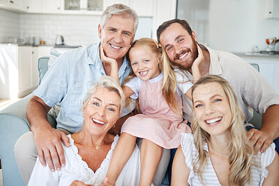 Buy stock photo Photo, portrait and big family with smile in their house together in the living room. Happy elderly people with girl child, mother and father for love and happiness in the lounge of their home