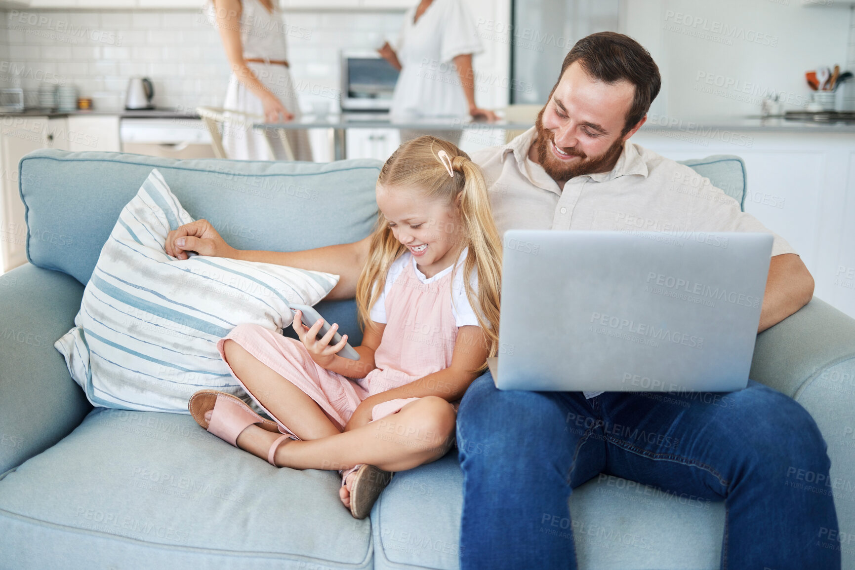 Buy stock photo Father, bonding and girl with phone on relax sofa in house or home living room for internet game, web search or social media. Smile, happy and fun child with man on laptop technology for remote work