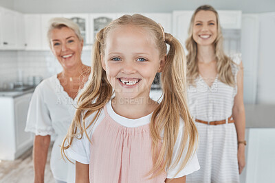 Buy stock photo Child, mother and grandmother portrait while at home in kitchen with smile, love and support for generation of senior, woman and child. Portrait of German girl happy with family in house together