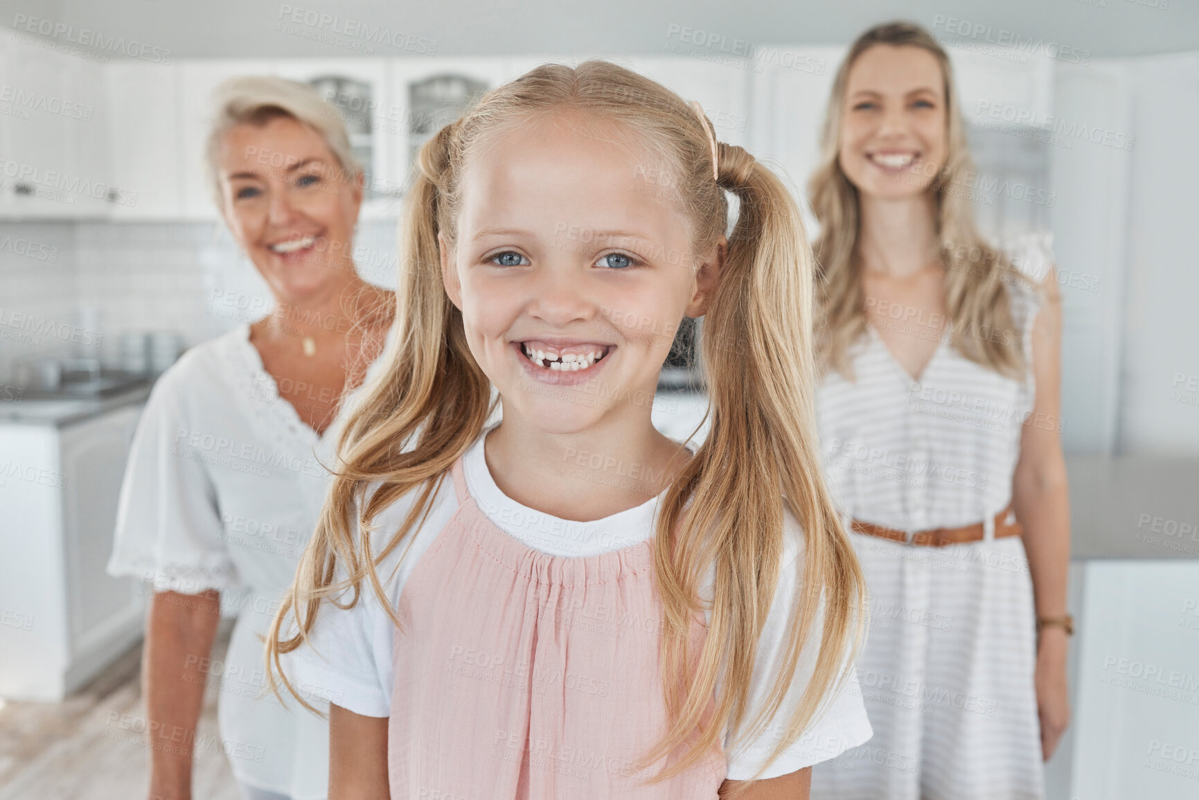 Buy stock photo Child, mother and grandmother portrait while at home in kitchen with smile, love and support for generation of senior, woman and child. Portrait of German girl happy with family in house together