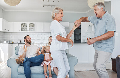 Buy stock photo Senior couple dance together for retirement, family or marriage celebration with happiness with kid in background. Elderly pension people dancing to music with love, care and wellness in living room
