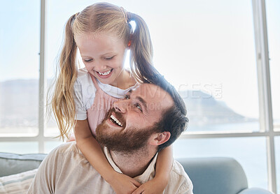 Buy stock photo Piggy back, father and child being happy, smile and relax together in the living room for bonding at home. Daughter, dad and girl bonding, embrace or have fun while playful, cheerful or joy in lounge